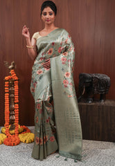 Sage Green Tissue Silk Saree with Blouse Piece - Adi Akshoy & Co.