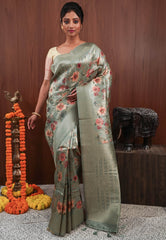 Sage Green Tissue Silk Saree with Blouse Piece - Adi Akshoy & Co.