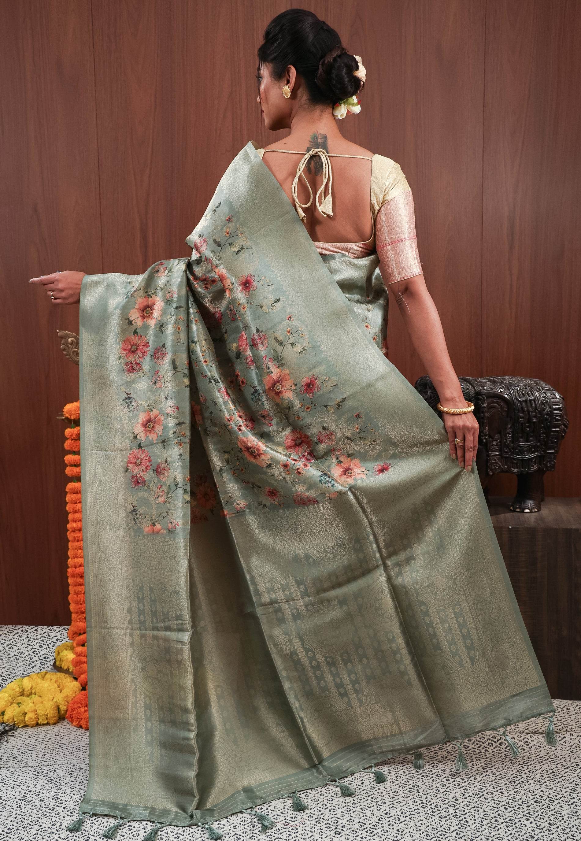 Sage Green Tissue Silk Saree with Blouse Piece - Adi Akshoy & Co.