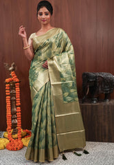 Green Tissue Silk Saree with Blouse Piece - Adi Akshoy & Co.