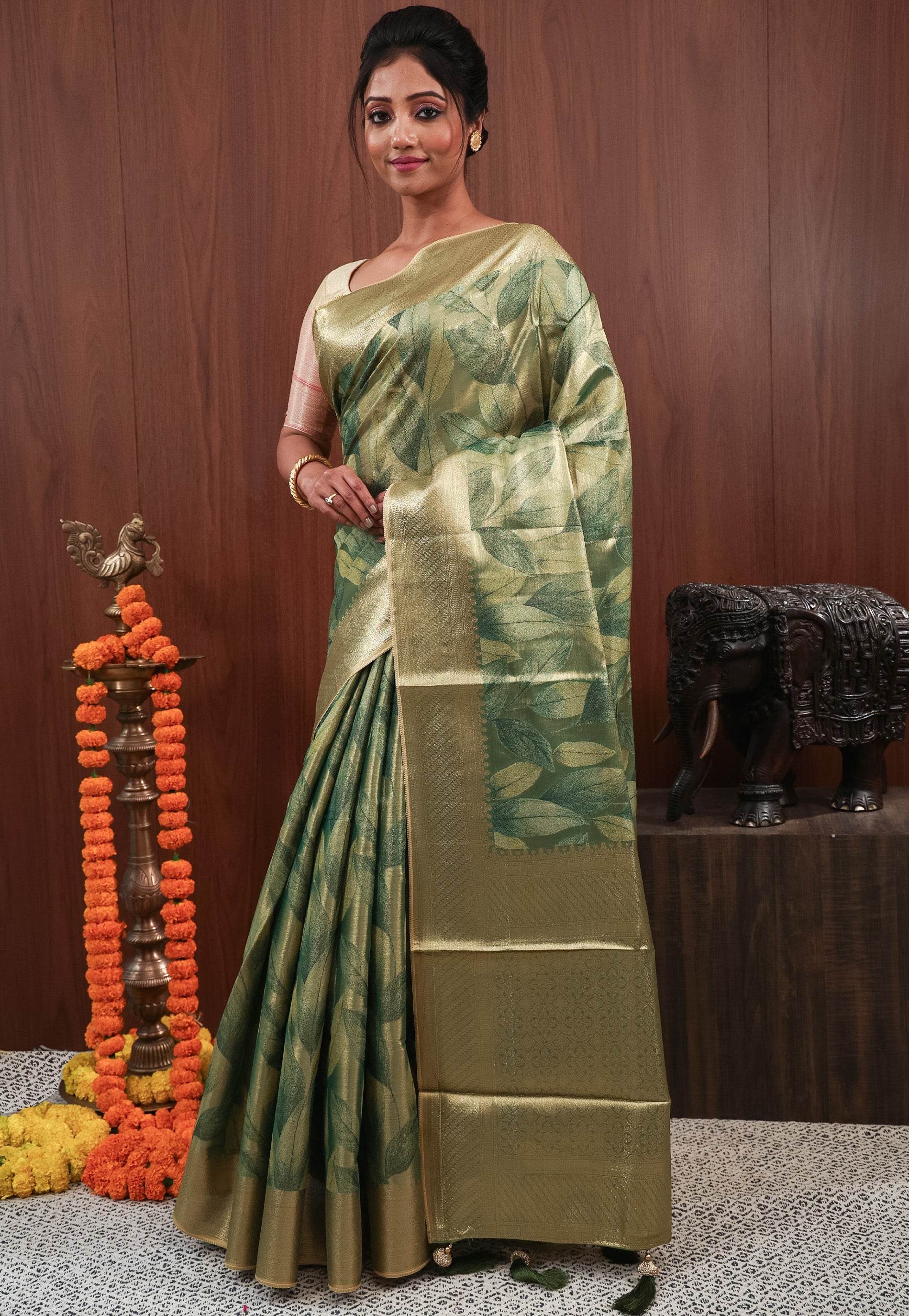 Green Tissue Silk Saree with Blouse Piece - Adi Akshoy & Co.