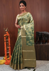 Green Tissue Silk Saree with Blouse Piece - Adi Akshoy & Co.