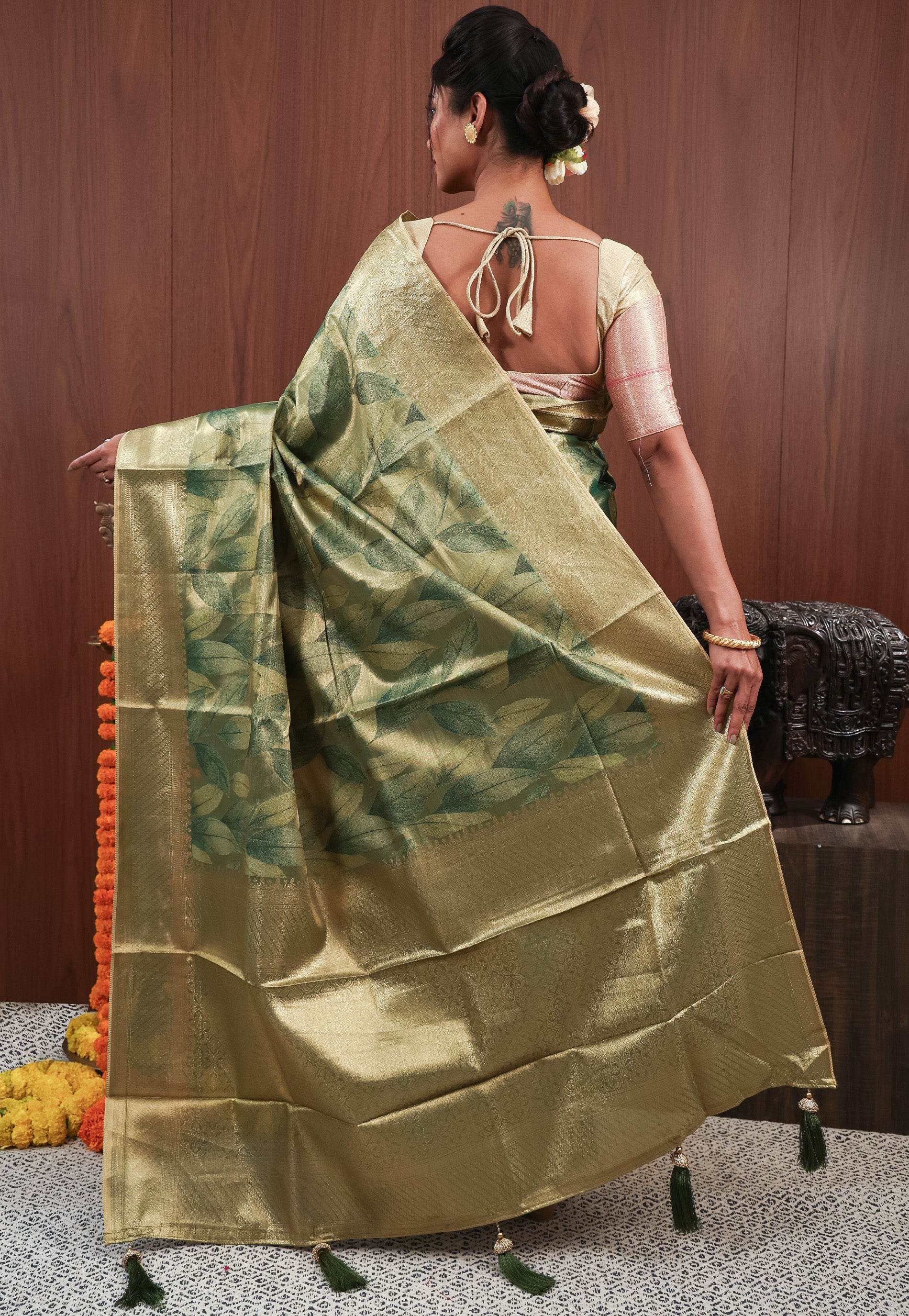 Green Tissue Silk Saree with Blouse Piece - Adi Akshoy & Co.