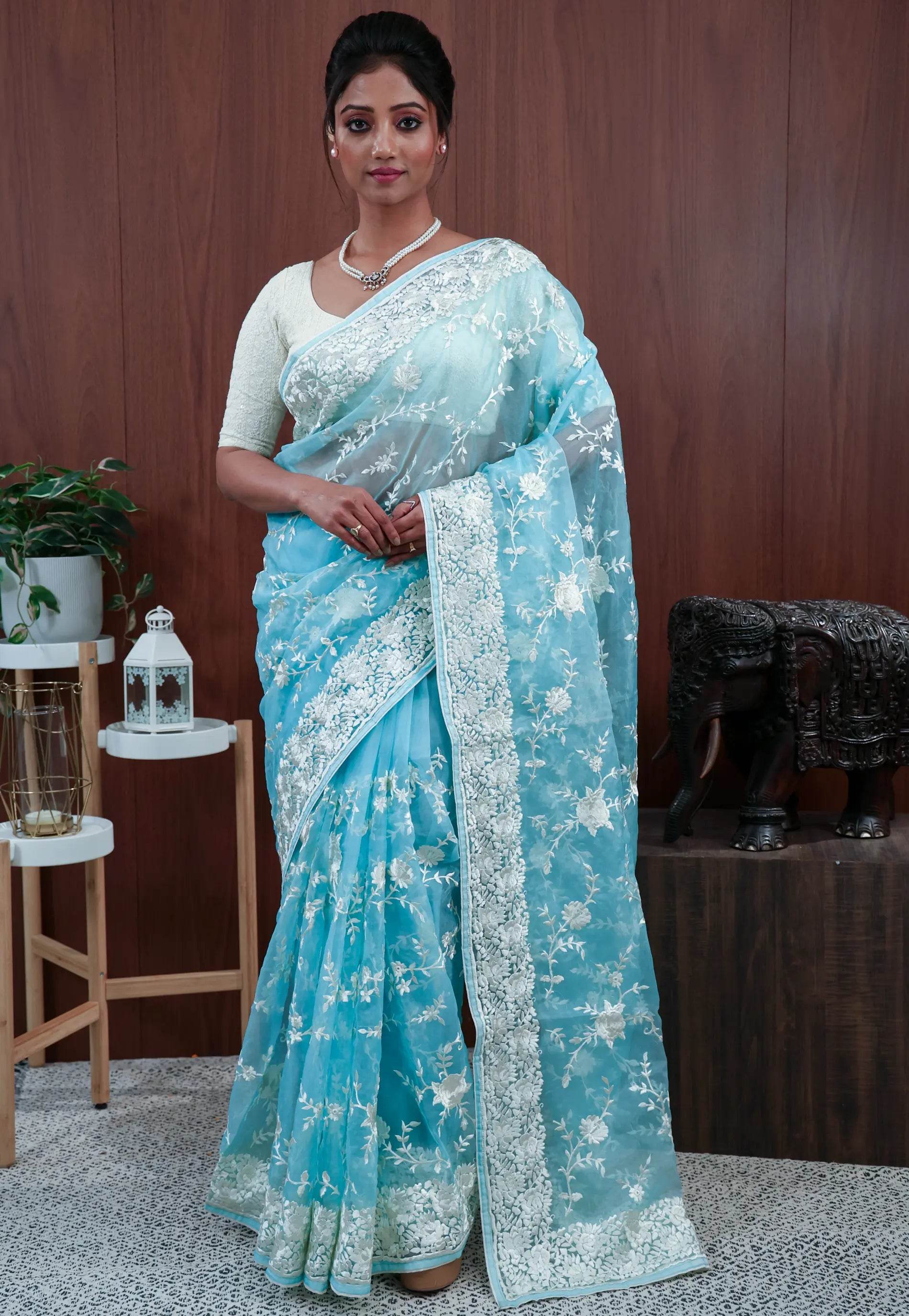 Sky Blue Organza with Resham Embroidery work Saree with Blouse Piece - Adi Akshoy & Co.