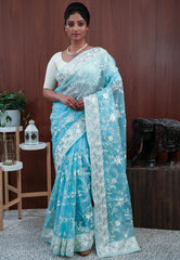 Sky Blue Organza with Resham Embroidery work Saree with Blouse Piece - Adi Akshoy & Co.