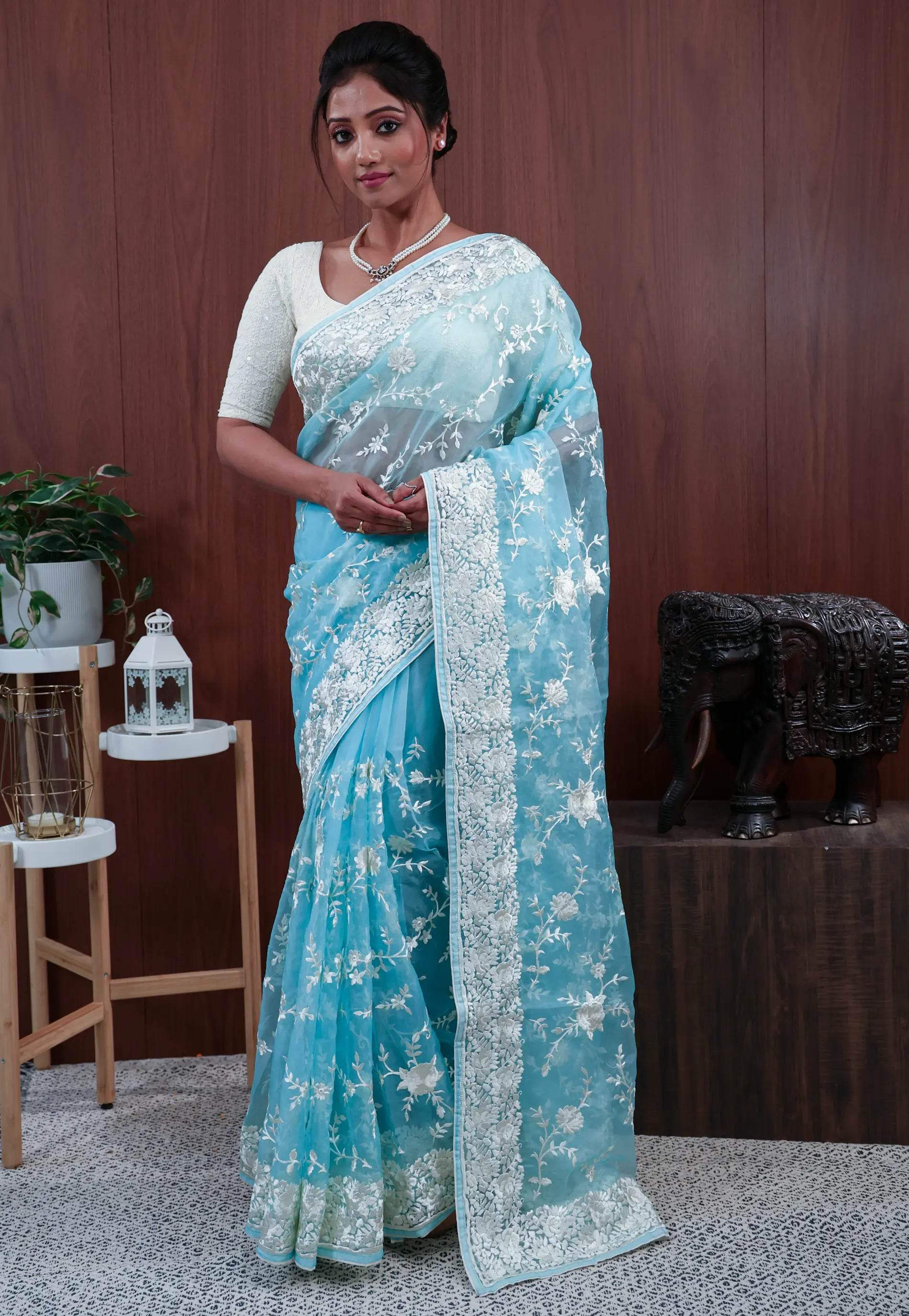 Sky Blue Organza with Resham Embroidery work Saree with Blouse Piece - Adi Akshoy & Co.