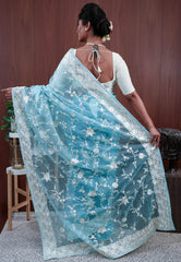 Sky Blue Organza with Resham Embroidery work Saree with Blouse Piece - Adi Akshoy & Co.