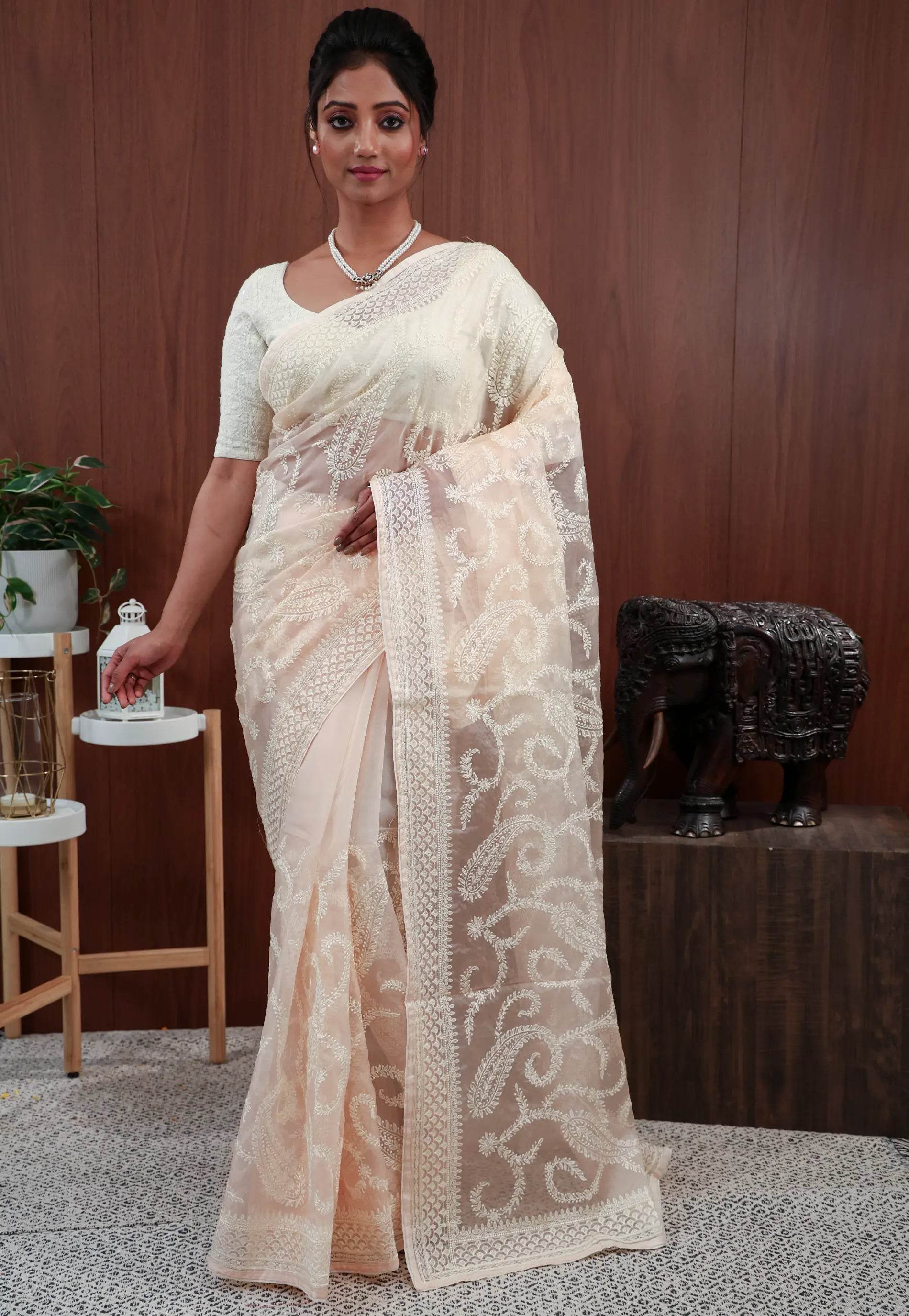 Peach Organza with Resham Embroidery work Saree with Blouse Piece - Adi Akshoy & Co.