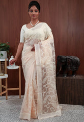 Peach Organza with Resham Embroidery work Saree with Blouse Piece - Adi Akshoy & Co.