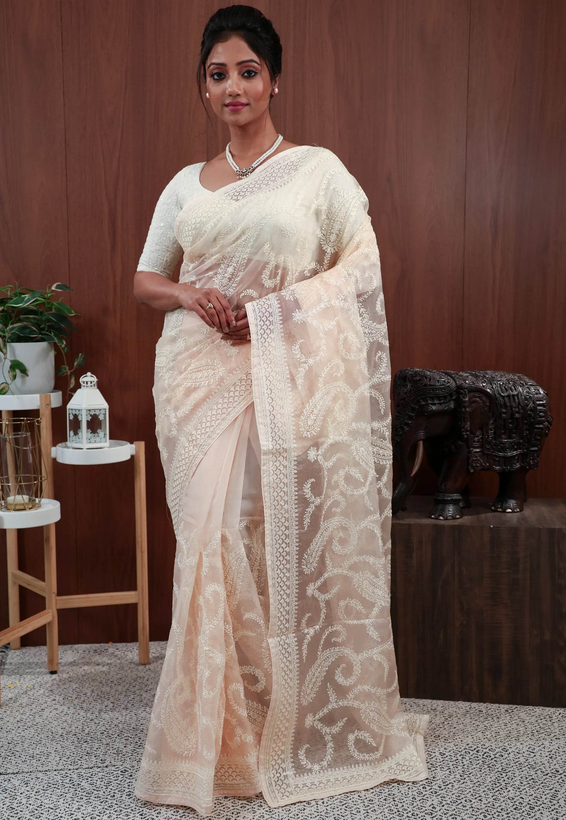 Peach Organza with Resham Embroidery work Saree with Blouse Piece - Adi Akshoy & Co.