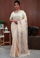 Peach Organza with Resham Embroidery work Saree with Blouse Piece - Adi Akshoy & Co.