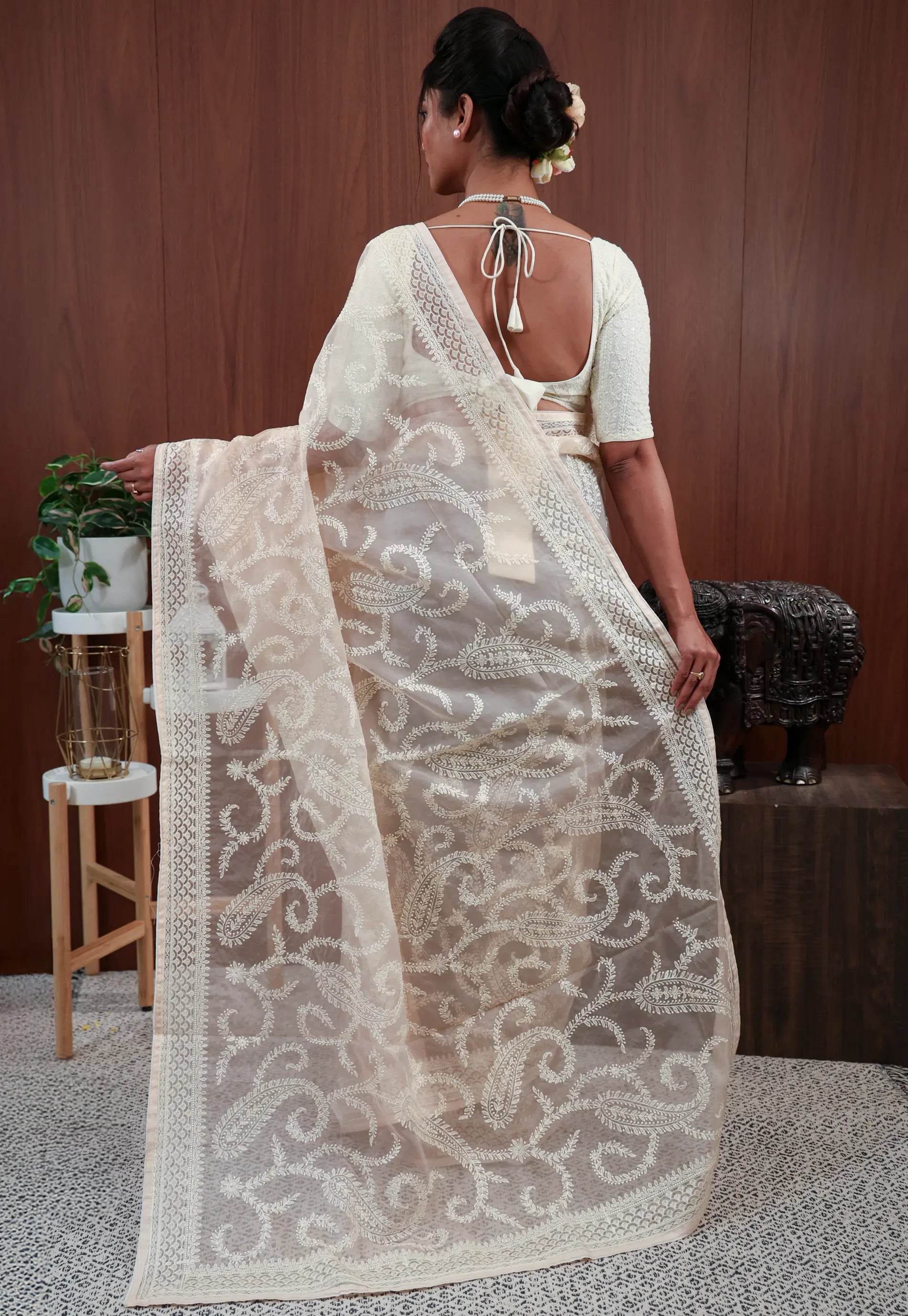 Peach Organza with Resham Embroidery work Saree with Blouse Piece - Adi Akshoy & Co.