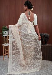 Peach Organza with Resham Embroidery work Saree with Blouse Piece - Adi Akshoy & Co.