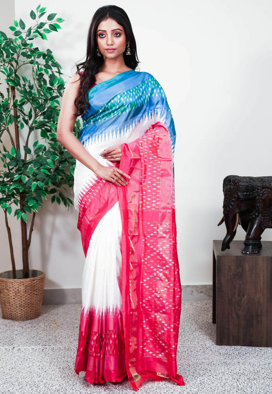 White with Ganga-Jamuna Border (Feroza and Rani Pink) Handloom Ikkat Saree With Blouse Piece - Adi Akshoy & Co.