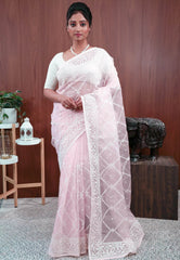 Baby Pink Organza with Resham Embroidery work Saree with Blouse Piece - Adi Akshoy & Co.