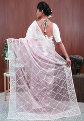 Baby Pink Organza with Resham Embroidery work Saree with Blouse Piece - Adi Akshoy & Co.