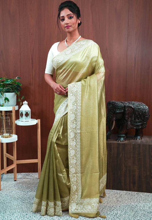 Pista Green Tissue with Resham Embroidery Border Saree with Blouse Piece - Adi Akshoy & Co.