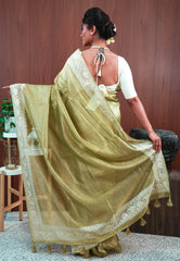 Pista Green Tissue with Resham Embroidery Border Saree with Blouse Piece - Adi Akshoy & Co.