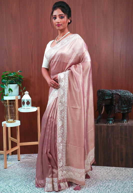 Copper Tissue with Resham Embroidery Border Saree with Blouse Piece - Adi Akshoy & Co.