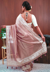 Copper Tissue with Resham Embroidery Border Saree with Blouse Piece - Adi Akshoy & Co.