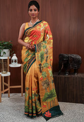 Mustard Tussar Kantha Pure Silk Saree With Blouse Piece - Adi Akshoy & Co.