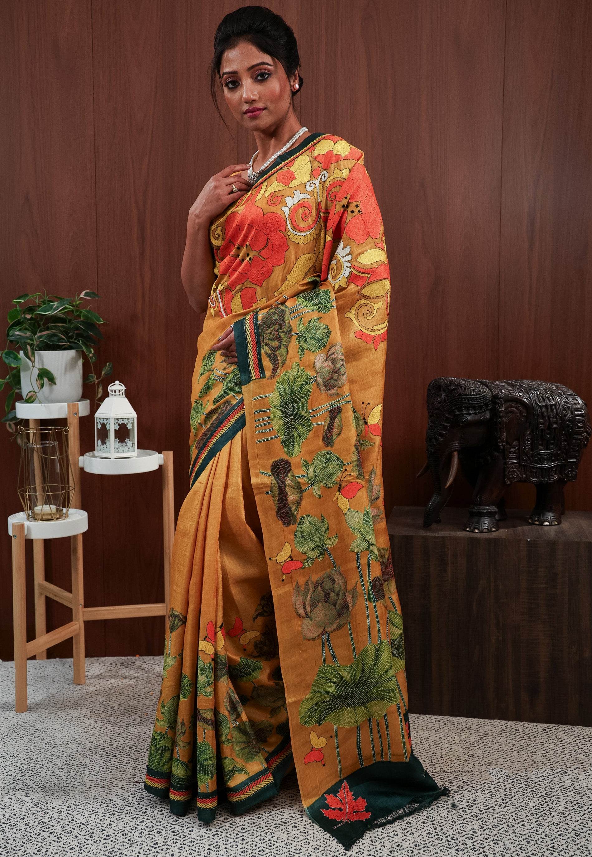 Mustard Tussar Kantha Pure Silk Saree With Blouse Piece - Adi Akshoy & Co.