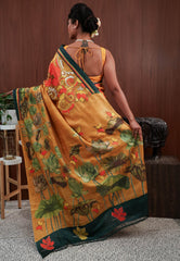 Mustard Tussar Kantha Pure Silk Saree With Blouse Piece - Adi Akshoy & Co.