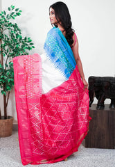 White with Ganga-Jamuna Border (Feroza and Rani Pink) Handloom Ikkat Saree With Blouse Piece - Adi Akshoy & Co.