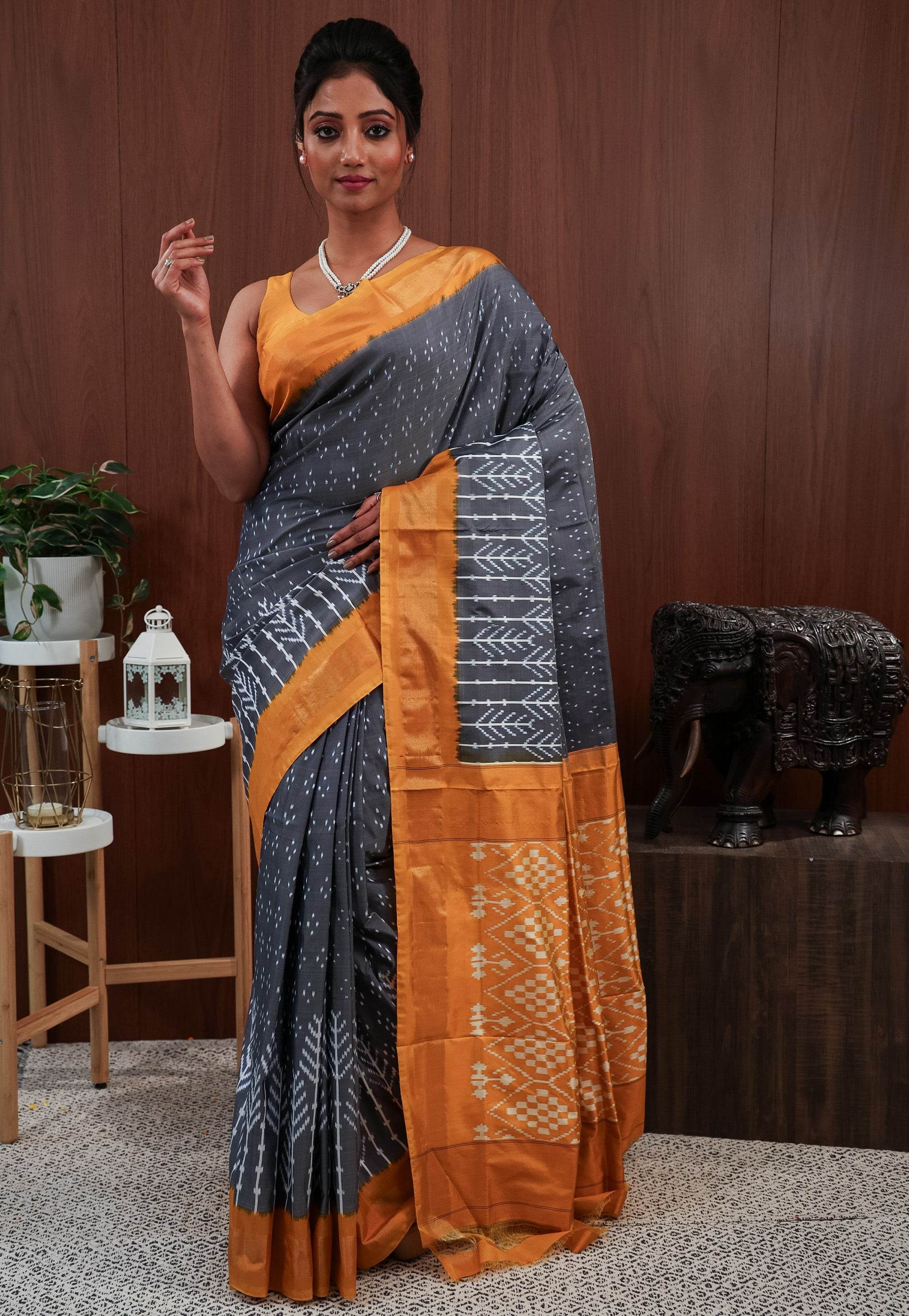 Grey with Golden Yellow Border Ikkat Pure Silk Saree With Blouse Piece - Adi Akshoy & Co.