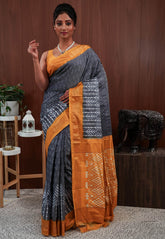 Grey with Golden Yellow Border Ikkat Pure Silk Saree With Blouse Piece - Adi Akshoy & Co.