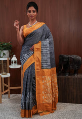 Grey with Golden Yellow Border Ikkat Pure Silk Saree With Blouse Piece - Adi Akshoy & Co.