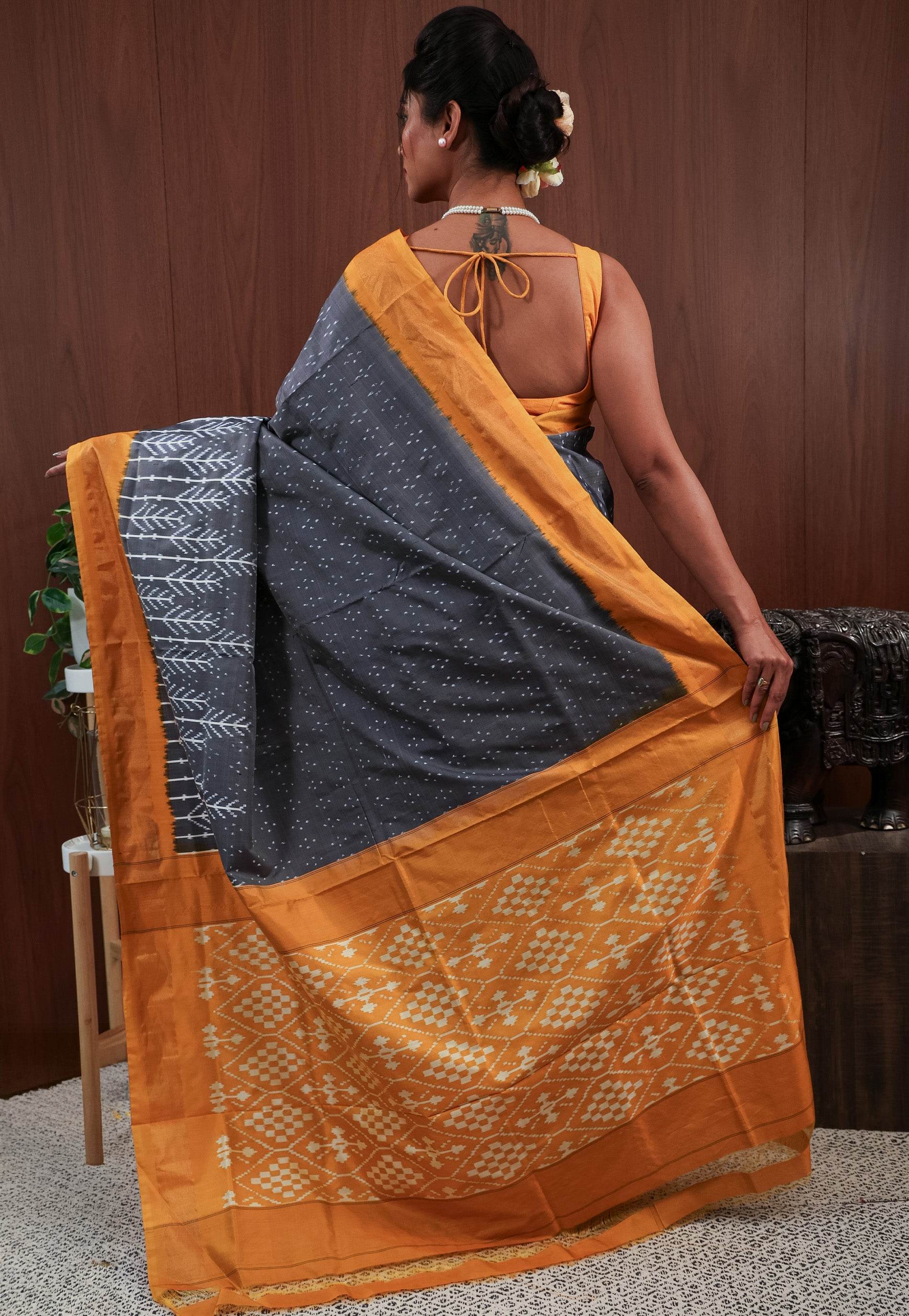 Grey with Golden Yellow Border Ikkat Pure Silk Saree With Blouse Piece - Adi Akshoy & Co.