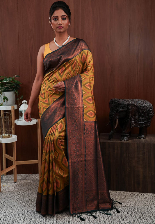 Mustard with Bottle Green Border Ikkat Silk Saree With Blouse Piece - Adi Akshoy & Co.