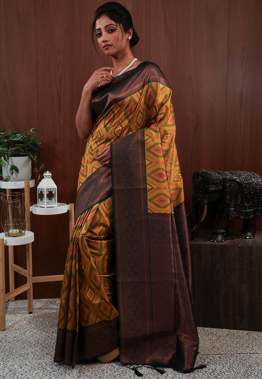 Mustard with Bottle Green Border Ikkat Silk Saree With Blouse Piece - Adi Akshoy & Co.