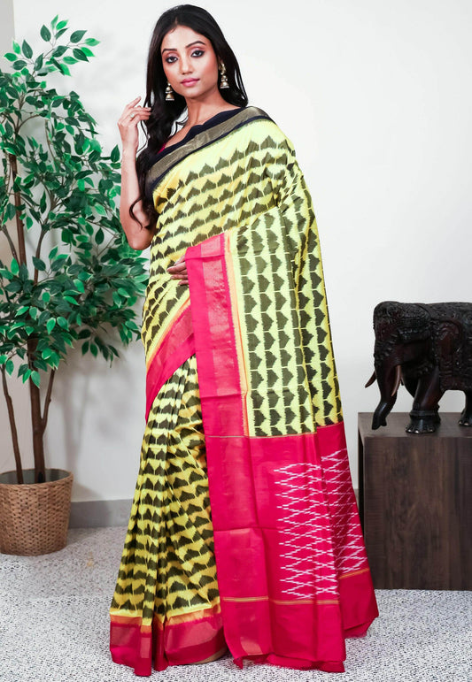 Yellow with Ganga-Jamuna Border (Navy blue and Rani Pink) Handloom Ikkat Saree With Blouse Piece - Adi Akshoy & Co.