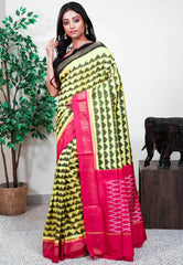 Yellow with Ganga-Jamuna Border (Navy blue and Rani Pink) Handloom Ikkat Saree With Blouse Piece - Adi Akshoy & Co.