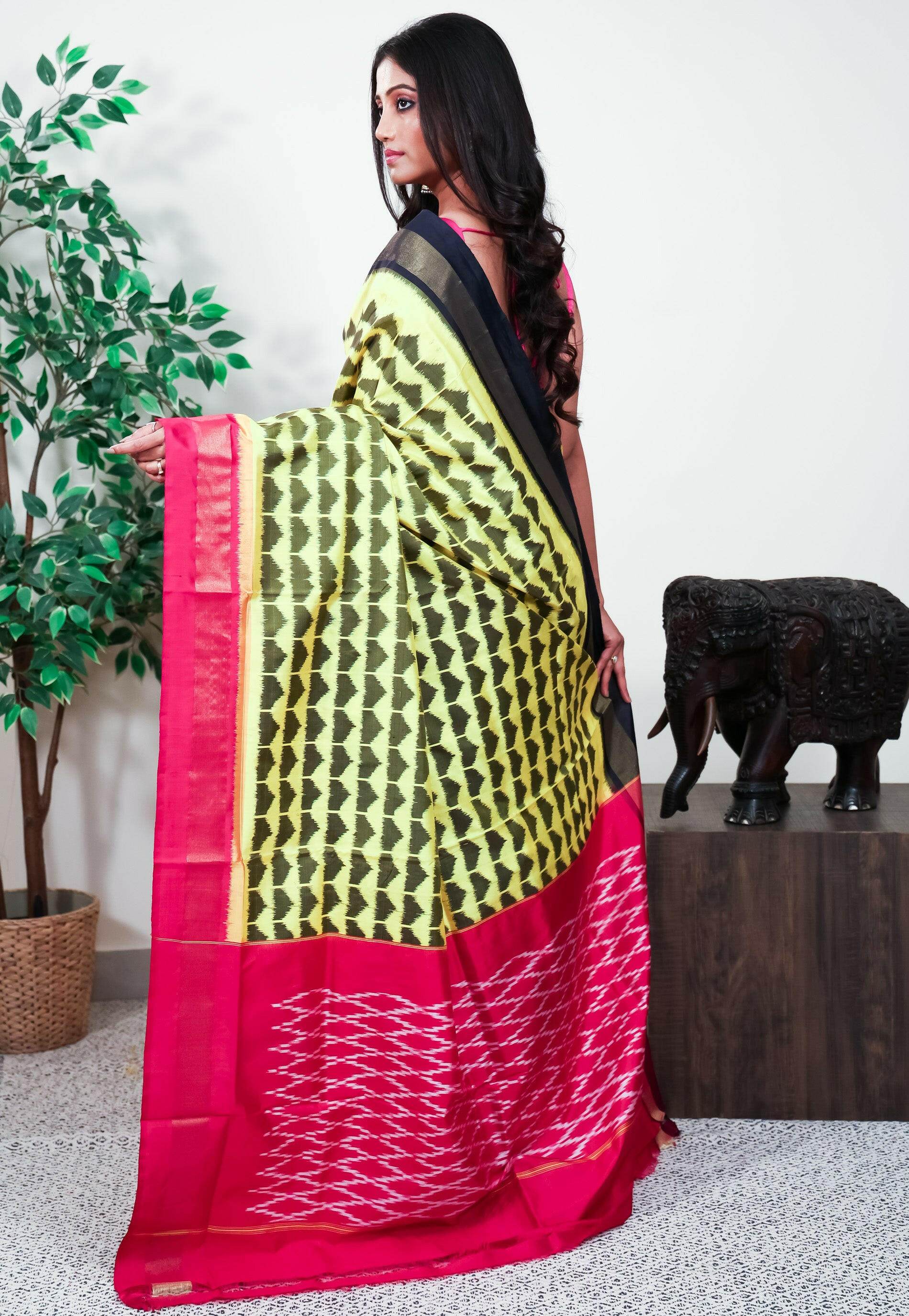 Yellow with Ganga-Jamuna Border (Navy blue and Rani Pink) Handloom Ikkat Saree With Blouse Piece - Adi Akshoy & Co.