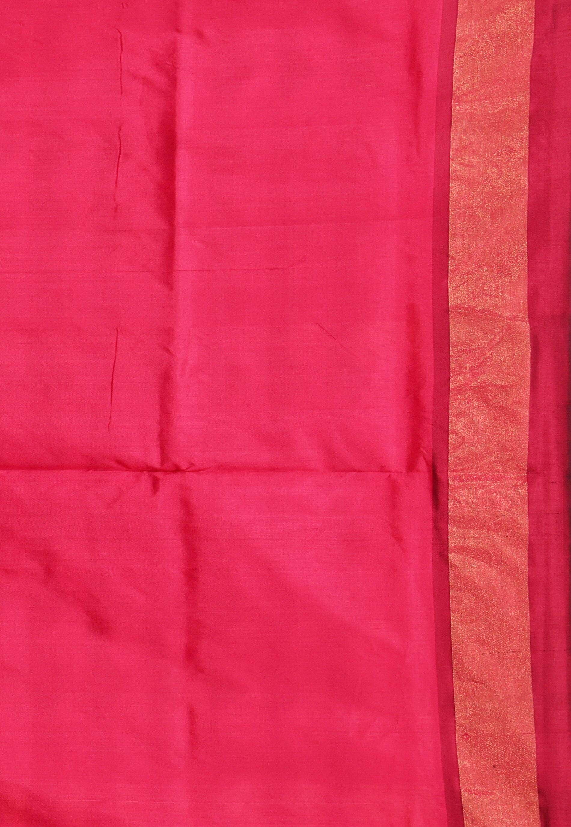 Yellow with Ganga-Jamuna Border (Navy blue and Rani Pink) Handloom Ikkat Saree With Blouse Piece - Adi Akshoy & Co.