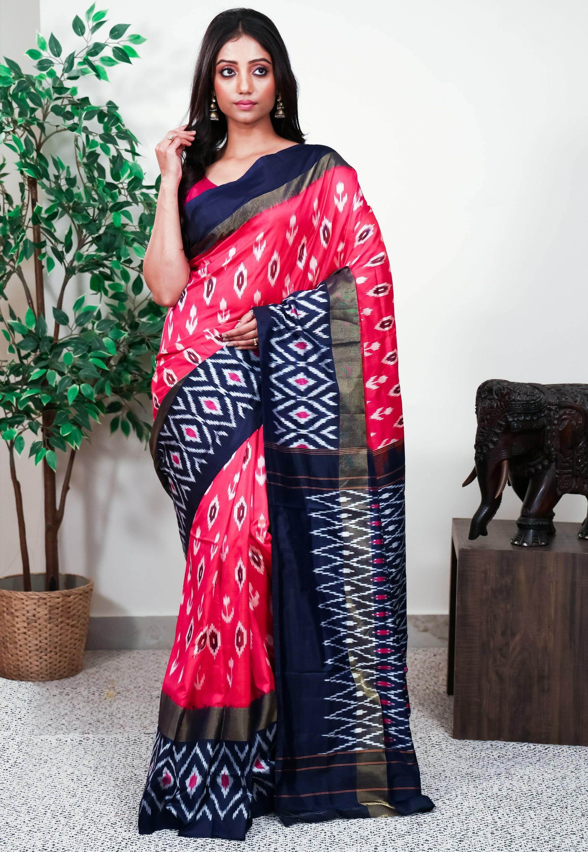 Rani Pink with Navy Blue Border Handloom Ikkat Saree With Blouse Piece - Adi Akshoy & Co.
