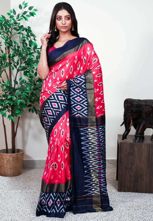 Rani Pink with Navy Blue Border Handloom Ikkat Saree With Blouse Piece - Adi Akshoy & Co.