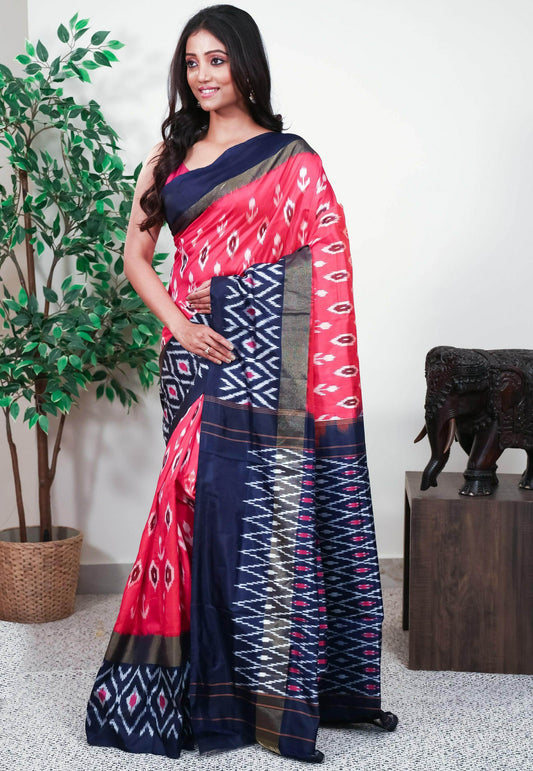 Rani Pink with Navy Blue Border Handloom Ikkat Saree With Blouse Piece - Adi Akshoy & Co.