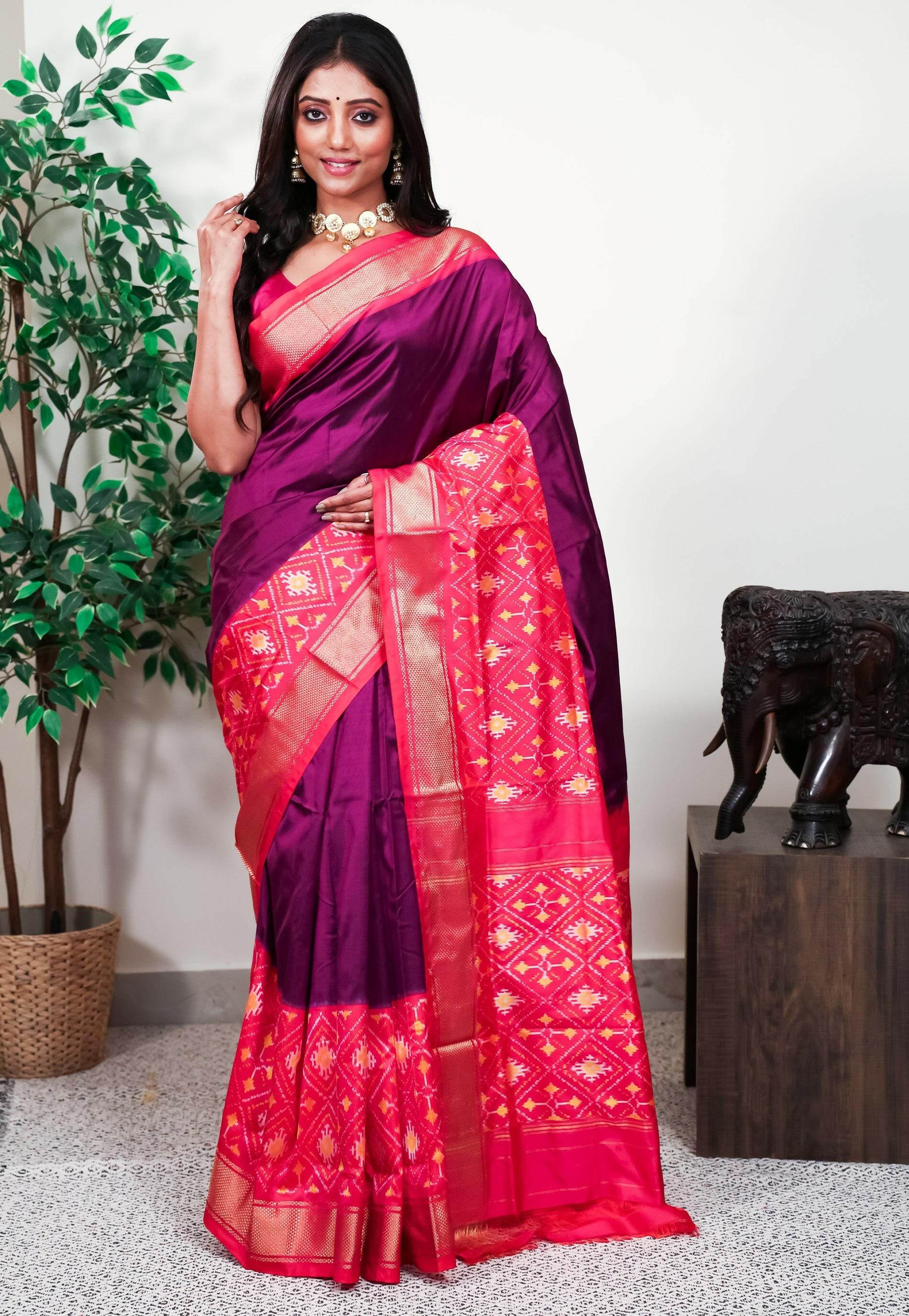 Magenta with Rani Pink Border Handloom Ikkat Saree With Blouse Piece - Adi Akshoy & Co.