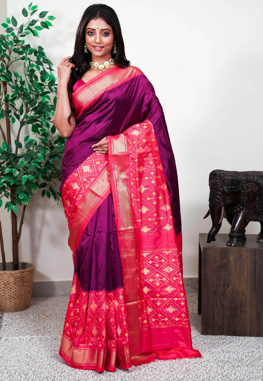 Magenta with Rani Pink Border Handloom Ikkat Saree With Blouse Piece - Adi Akshoy & Co.
