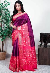 Magenta with Rani Pink Border Handloom Ikkat Saree With Blouse Piece - Adi Akshoy & Co.