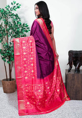 Magenta with Rani Pink Border Handloom Ikkat Saree With Blouse Piece - Adi Akshoy & Co.