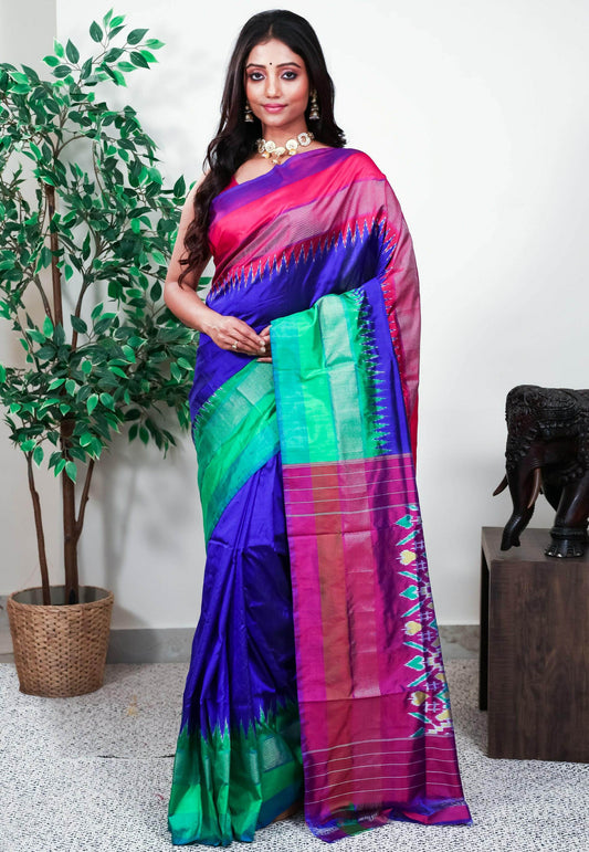 Royal Blue with Ganga-Jamuna Border (Green and Magenta) Handloom Ikkat Saree With Blouse Piece - Adi Akshoy & Co.