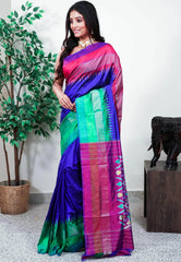 Royal Blue with Ganga-Jamuna Border (Green and Magenta) Handloom Ikkat Saree With Blouse Piece - Adi Akshoy & Co.