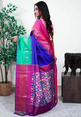 Royal Blue with Ganga-Jamuna Border (Green and Magenta) Handloom Ikkat Saree With Blouse Piece - Adi Akshoy & Co.