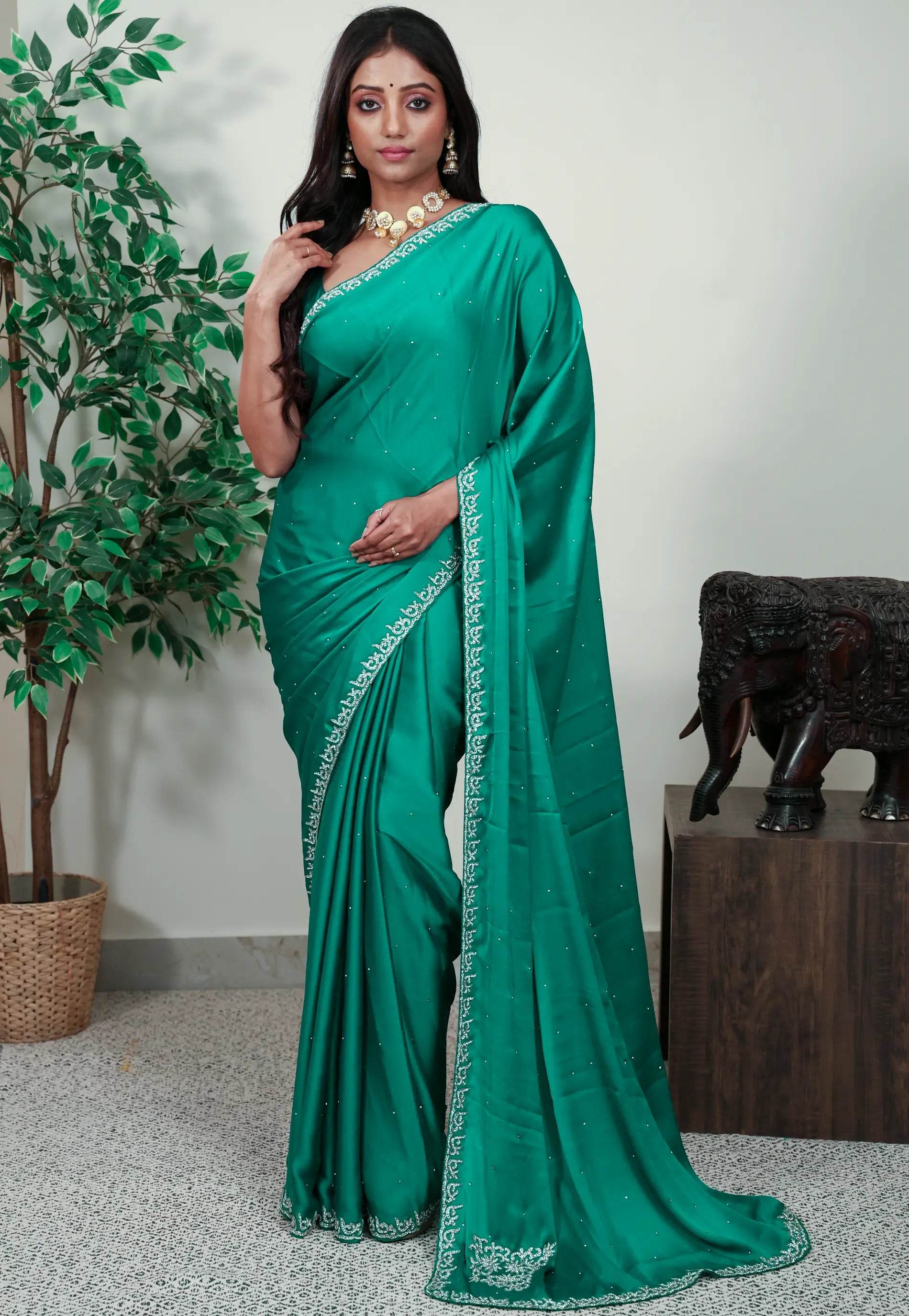 Rama Green Embroidery Saree with Blouse Piece - Adi Akshoy & Co.