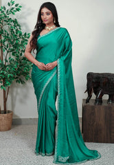 Rama Green Embroidery Saree with Blouse Piece - Adi Akshoy & Co.